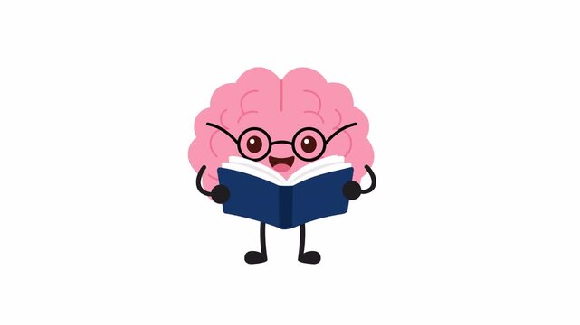 Cute cartoon brain reading a book while wearing glasses. Flat 2D animation with transparent background and alpha channel for education, learning, literacy, and study videos.