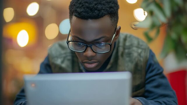 Young man with glasses focuses on laptop screen. Warm bokeh lights softly glow in background. He sits indoors, engaged with device. Casual attire suggests relaxed, everyday setting