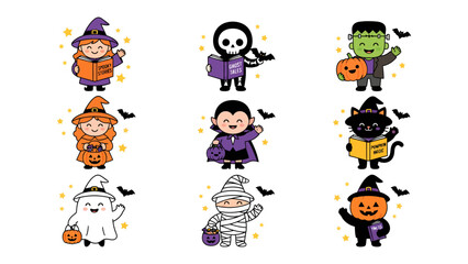 Obraz premium Cute Halloween Characters: A delightful collection of charming Halloween-themed characters including witches, skeletons, monsters, vampires, black cats, ghosts, mummies, and pumpkins.