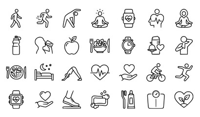 Fototapeta premium Health Wellness and Daily Life Line Art Icon Collection for Active Lifestyle and Self Care Design