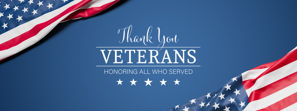 Two wrinkled flags of the USA draped onto a flat dark blue surface and the text "Thank You - Veterans - Honoring all who served" - web banner format