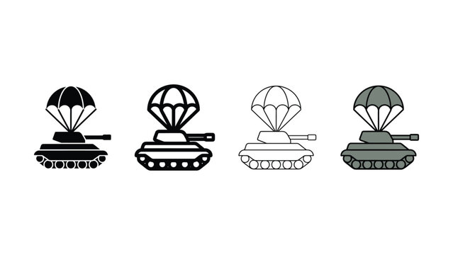 Military tank icons with parachute soldier figures on transparent background set