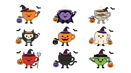Fototapeta premium Halloween Coffee Characters: A playful collection of nine coffee cups, each personified as a different Halloween character, complete with witch hats, spooky costumes, and trick-or-treat bags.