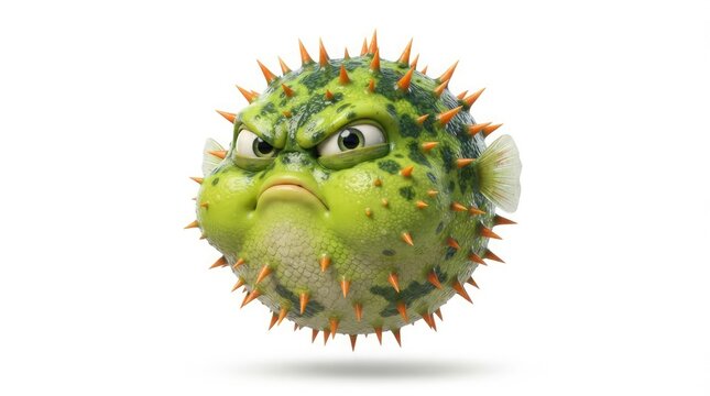 A green pufferfish toy with an angry expression sits alone in a neutral environment looking sideways.