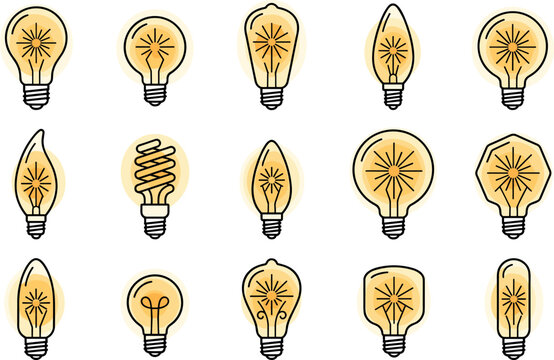 Light Bulb Icon Set Vector Illustration Glowing Edison Bulb Collection Hand Drawn Flat Design for Idea and Energy Concept