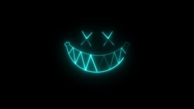 Cyan neon glow smile animation with sharp teeth and X eyes on a black background, halloween, horror, creepy, gamer streaming, Motion Graphic concept. animation
