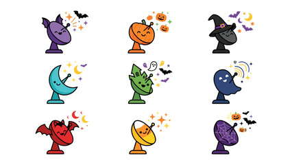 Fototapeta premium Spooky Satellite Collection: A vibrant array of cartoon satellite dishes adorned with Halloween themes, featuring pumpkins, witches' hats, ghosts, bats, and crescent moons.