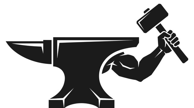 Anvil logo with muscular arm and hammer