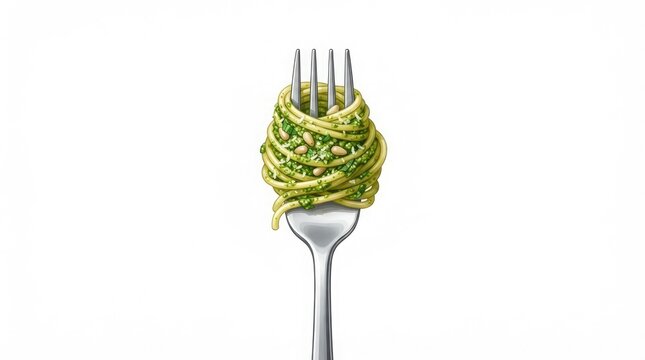 A fork holds a twisted bundle of green spaghetti on its prongs in a kitchen setting with a standard scale.