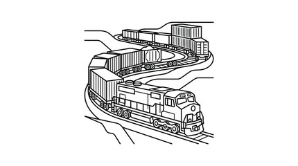 Professional Black and White Line Drawing of Freight Train on Curved Tracks with Stacked Containers and Storage Buildings © suni yati
