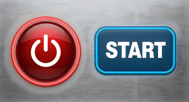 Red power button and blue start button on digital background