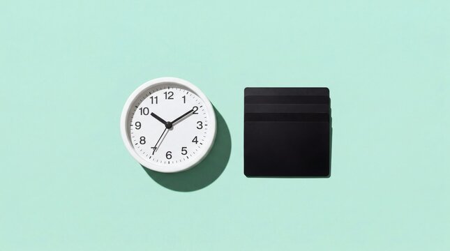 Time and Money Concept: Clock and Wallet on Light Blue Background