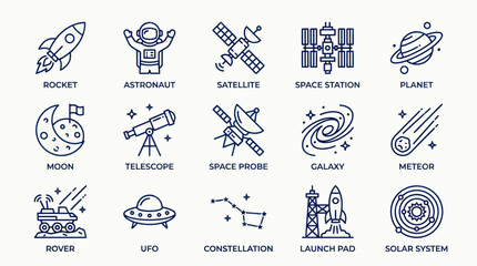 Dark blue monoline space and astronomy icons © Maria