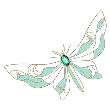 Elegant celestial moth with an emerald gemstone, gold outline, crescent moon and stars. Isolated decorative illustration inspired by Art Nouveau and vintage jewelry design.