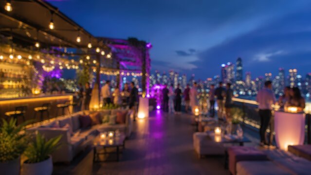 Blurred rooftop bar night city skyline bokeh lights social gathering lifestyle evening lounge outdoor terrace event celebration atmosphere