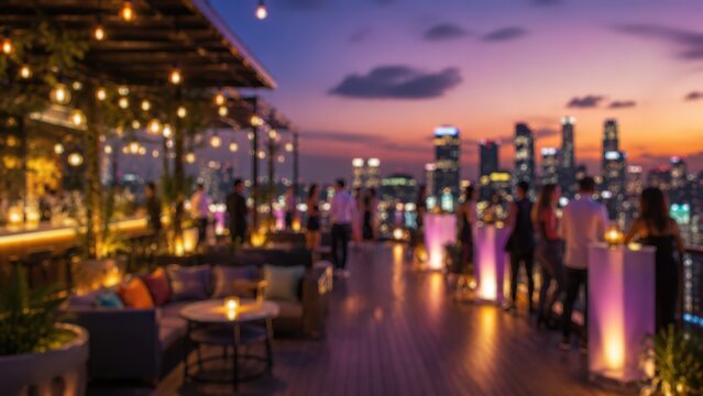Blurred rooftop bar city skyline sunset nightlife bokeh lounge luxury social club background urban evening atmosphere lifestyle party terrace