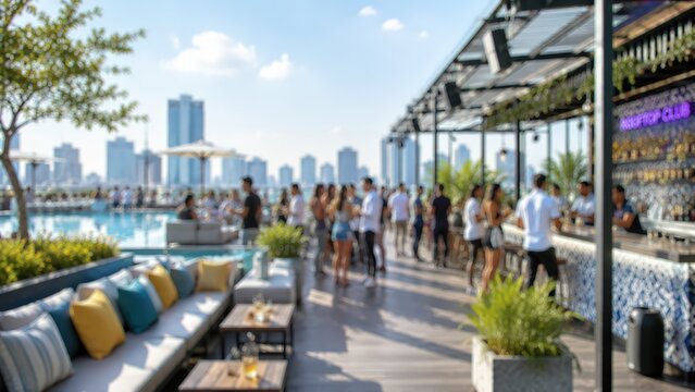 Blurred rooftop bar poolside lounge luxury city skyline party crowd bokeh background outdoor lifestyle summer event urban nightlife