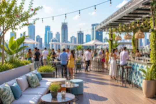 Rooftop bar lounge city skyline blurred background people social gathering luxury lifestyle evening party urban terrace nightlife