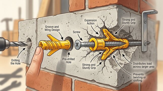 Diagram showing how to install a wall anchor in masonry
