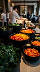 Obraz premium Buffet spread with fresh chopped vegetables in black bowls at corporate event, catering service with guests mingling in modern venue background.
