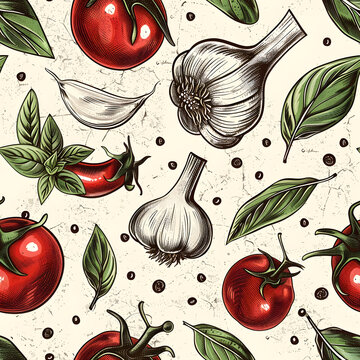 Vintage watercolor tomato garlic and basil seamless pattern background