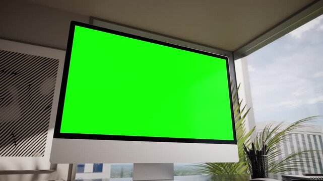 Computer Green Screen In Modern Executive High Office - Camera Orbit Dynamic Animation