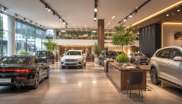 Blurred car showroom interior luxury automotive dealership retail space background sales floor vehicles transport business