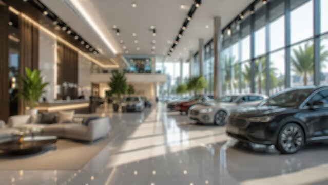 Blurred car dealership showroom interior luxury automobile retail space modern auto dealership background automotive exhibition hall vehicle display