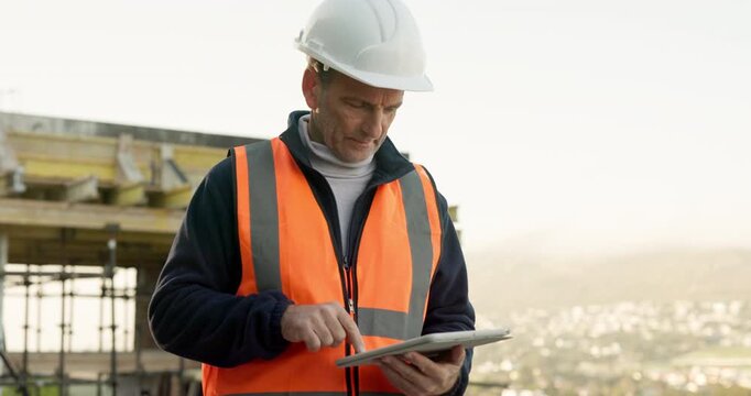 Man, outdoor and construction worker on site with tablet for update on renovation with scaffolding. Tech, research and mature civil engineer with feedback on repairs, maintenance or building.