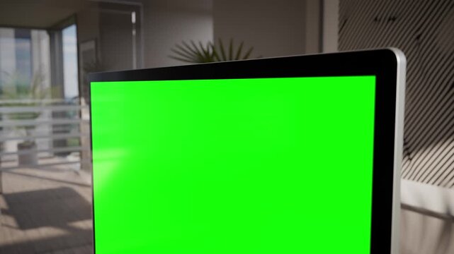 Computer Green Screen In Modern Executive High Office - Perspective View Close Up