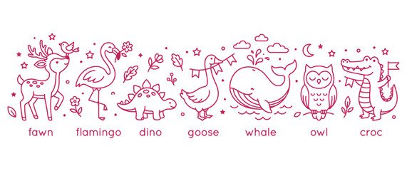 Cute cartoon animal characters fawn flamingo dino goose whale owl croc line art. © MST. RATNA AKTER