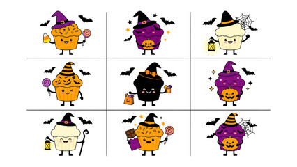 Fototapeta premium Halloween Cupcake Collection: A delightful grid of nine charming Halloween-themed cupcakes, each with a unique character and festive attire, ready to spread spooky cheer and sweet treats.