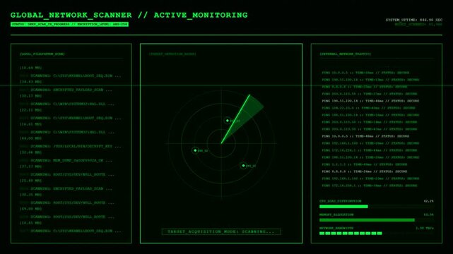Global Network Scanner Threat Detection Radar Animation.
