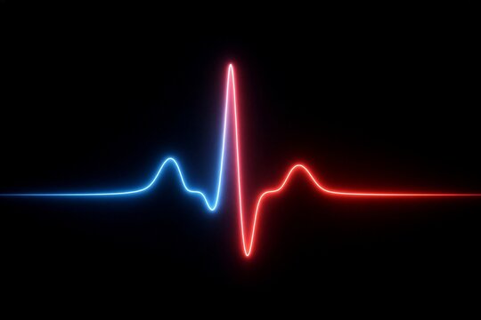 Glowing neon ECG heartbeat line in blue and red on black background, concept of cardiac pulse and health monitoring technology