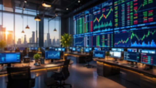 Stock market trading floor office interior financial data charts graphs blurred background business investment analytics modern corporate city view