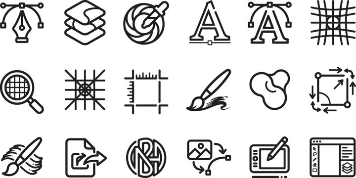 Graphic Design and Creative Editing Outline Icon Set Featuring Vector Tools, Typography, Layers, Pen and Artboard Elements
