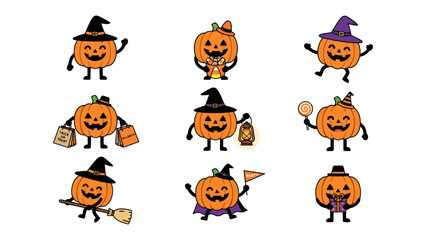 Fototapeta premium Halloween Pumpkins Collection: A vibrant compilation of whimsical pumpkins, each adorned with unique costumes and props, embodying the festive spirit of Halloween.