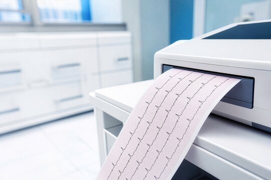 Electrocardiogram paper printout from hospital cardiograph machine, concept of cardiac monitoring and medical diagnostics