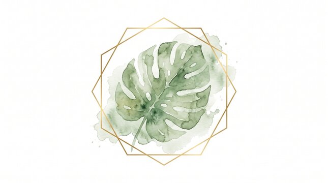 Watercolor monstera leaf with geometric gold frame on white background