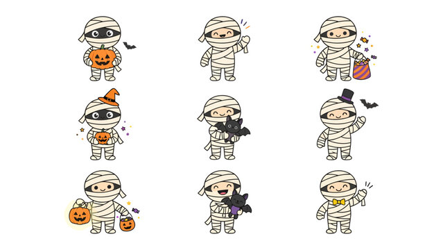 Cute Halloween Mummies: A collection of adorable cartoon mummies dressed in various Halloween costumes, holding pumpkins and candy bags, ready for trick-or-treating and spooky fun.