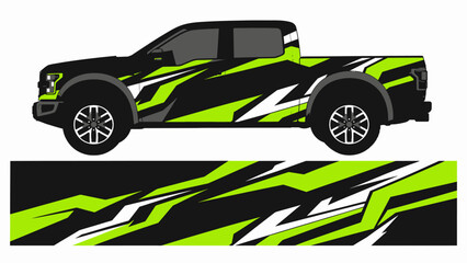 Obraz premium Black pickup truck with lime green geometric graphics.