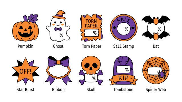 Halloween Icon Set: A collection of charming and spooky Halloween-themed icons including a pumpkin, ghost, torn paper, sale stamp, bat, star burst, ribbon, skull, tombstone, and spider web.