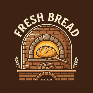 Fresh bread logo design with wood fired brick oven illustration.