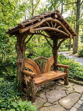Rustic wooden garden bench with canopy in a lush forest setting