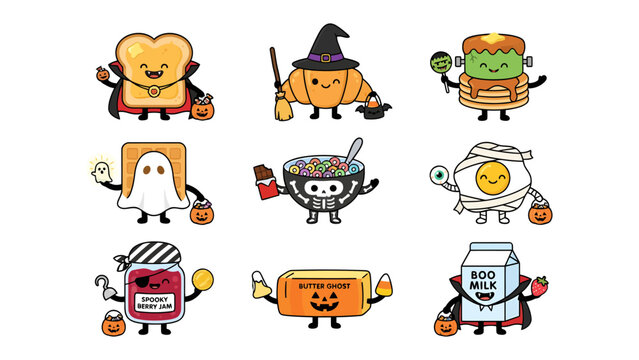 Halloween Breakfast Characters: A collection of cute and spooky breakfast food items dressed up for Halloween, including toast as a vampire, croissant as a witch, cereal as a skull, and more.