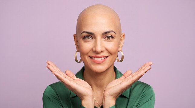 bald woman smiling hands face beauty portrait inclusion confidence diversity Joyful adult frames her head with open palms against purple for self acceptance hair loss awareness and wellness branding