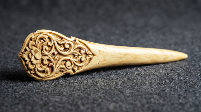 Close-up of an ornate carved ivory artifact with intricate patterns on a dark background