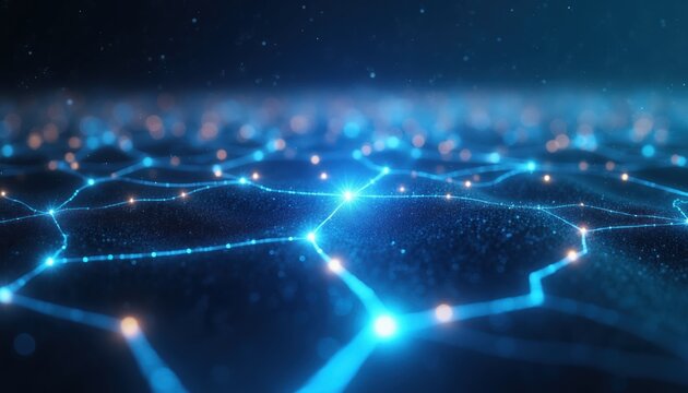 Luminous digital network graphic with glowing blue and orange nodes and lines. Abstract background shows interconnected data points and pathways, suggesting tech or science concepts.