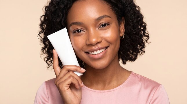 Cleft lip woman skincare product beauty portrait smiling inclusion diversity with a repaired cleft lip presenting blank cosmetic packaging for self acceptance retail promotion and inclusive branding