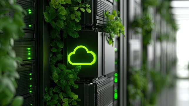 Futuristic server room with glowing green cloud icon and lush plants